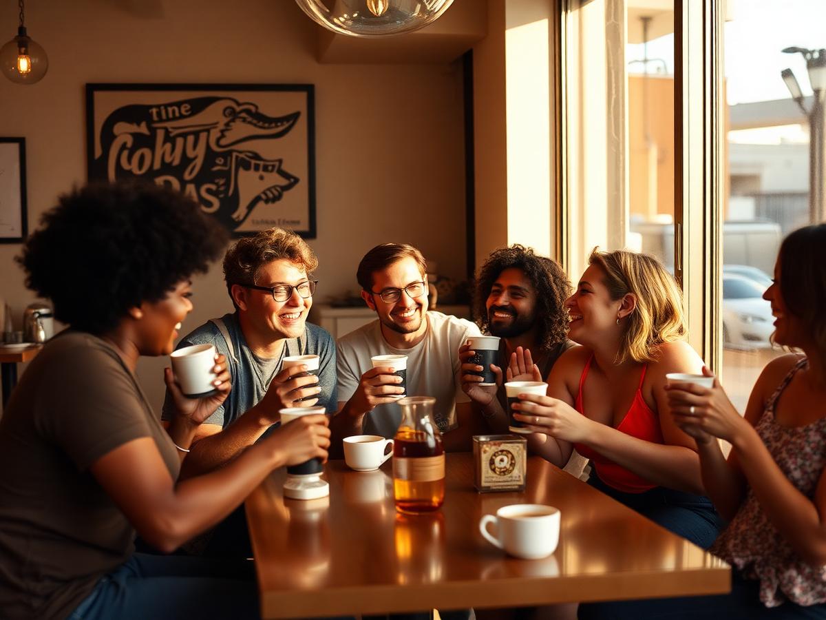 A diverse group of friends sharing coffee at Drinkit