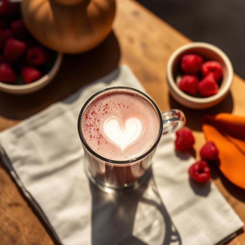 Raspberry latte with heart latte art